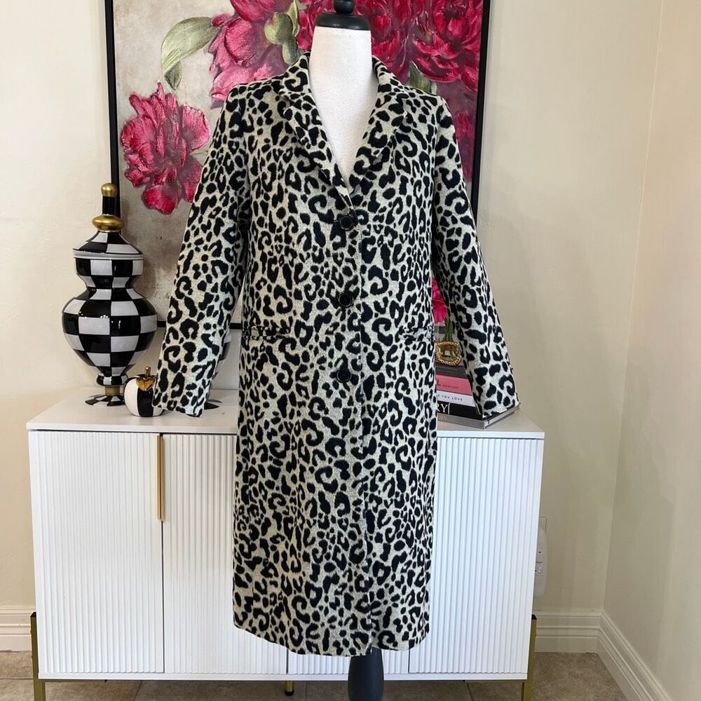 Helene Berman London X Anthropologie Women's Leopard Print Coat Black Cream Sz 4